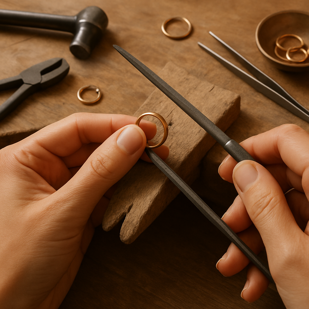 Skilled artisan hands working with precious metals and jewelry-making tools on a wooden workbench