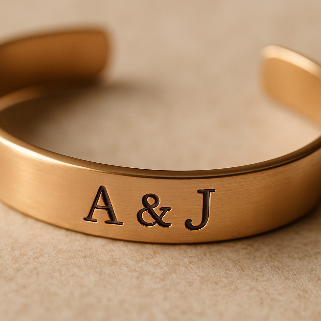 Macro photography of personalized handmade metal jewelry showing detailed custom engraving with initials