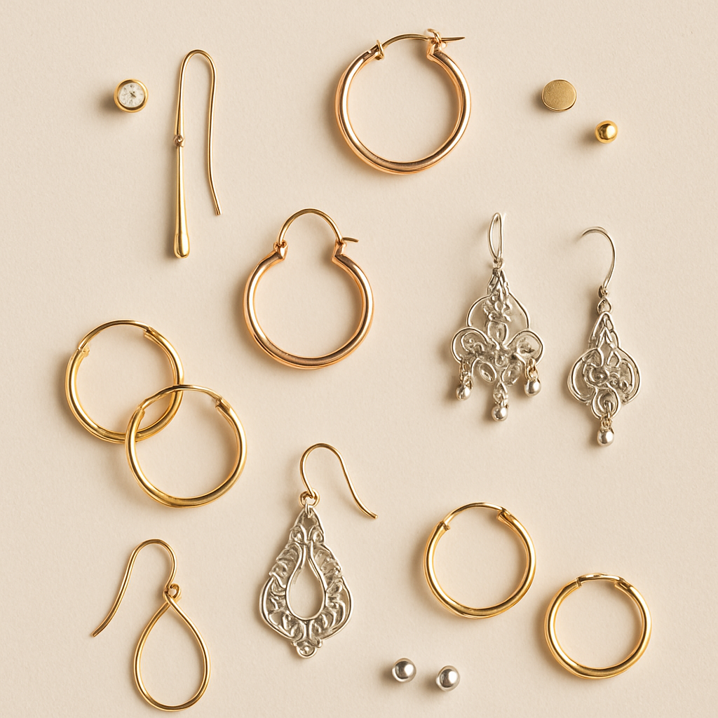 Display of diverse handmade earring styles including studs, drops, hoops, and chandelier earrings