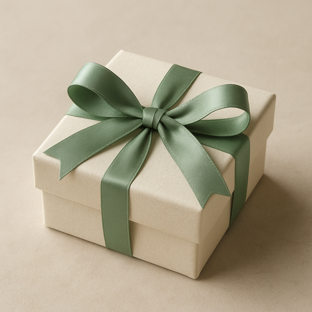 Complete gift-wrapped jewelry box with sage green ribbon bow on neutral surface