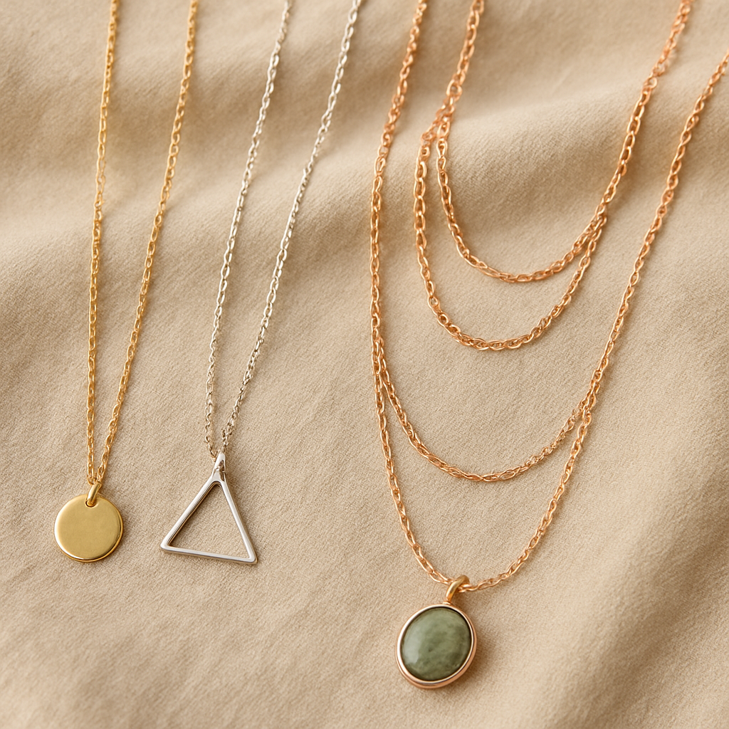 Artistic arrangement of handmade necklaces with varied chain lengths and pendant styles