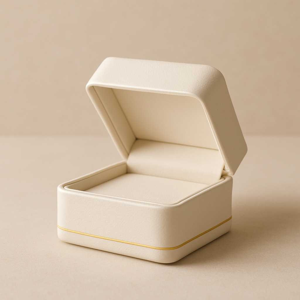 Elegant cream jewelry box with gold accents on soft neutral background