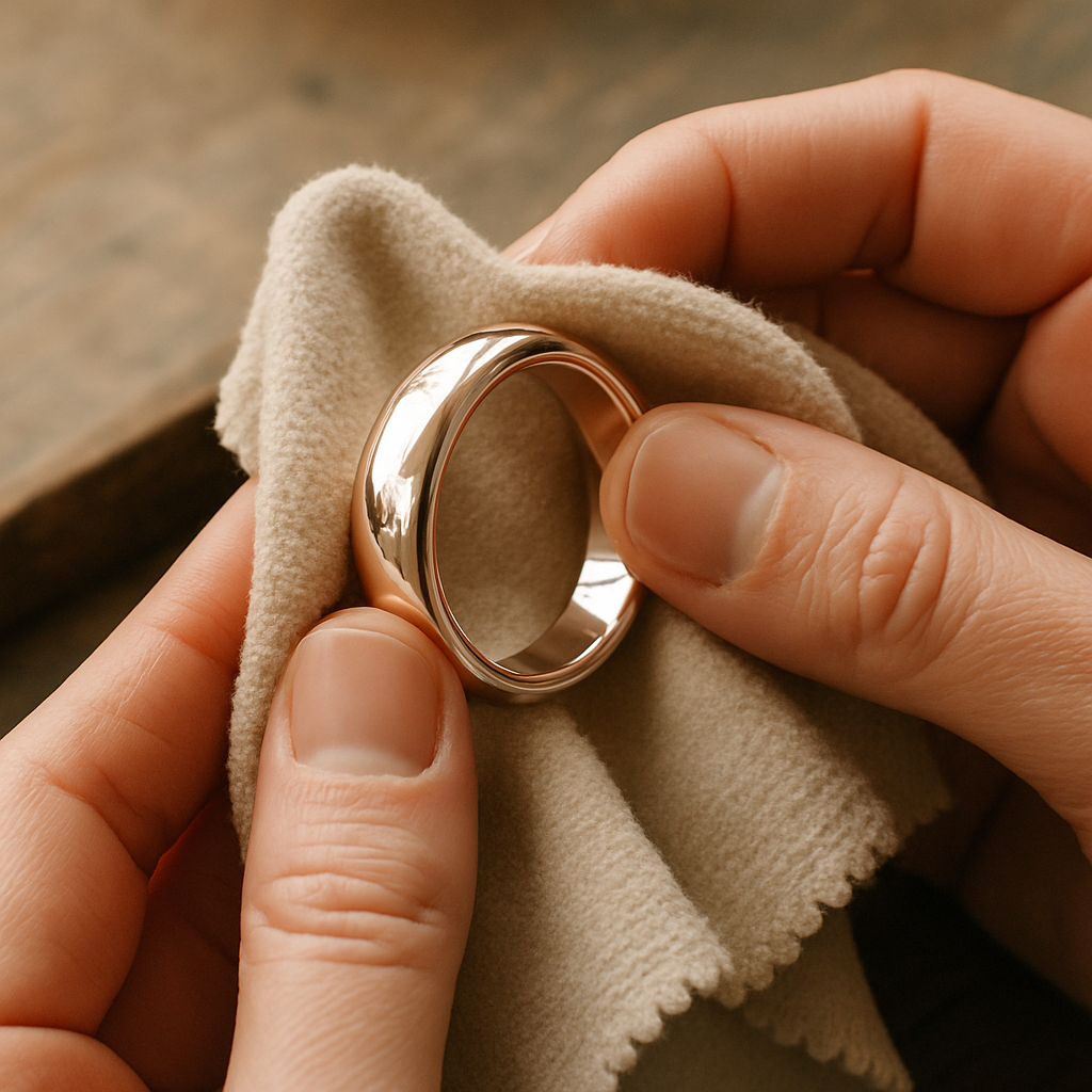 Artisan jeweler polishing a shiny metal piece with a soft cloth, revealing a brilliant mirror-like finish
