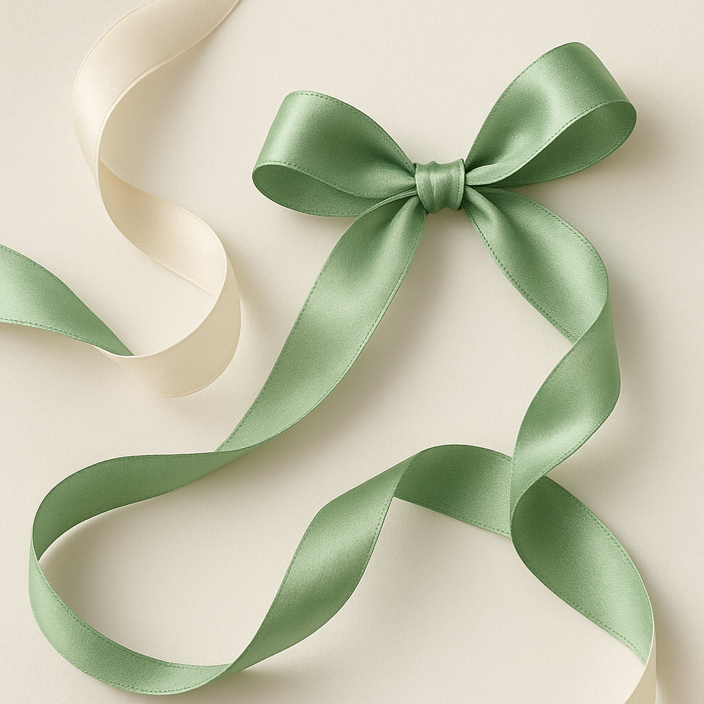 Sage green and cream silk ribbons with decorative bow arrangement