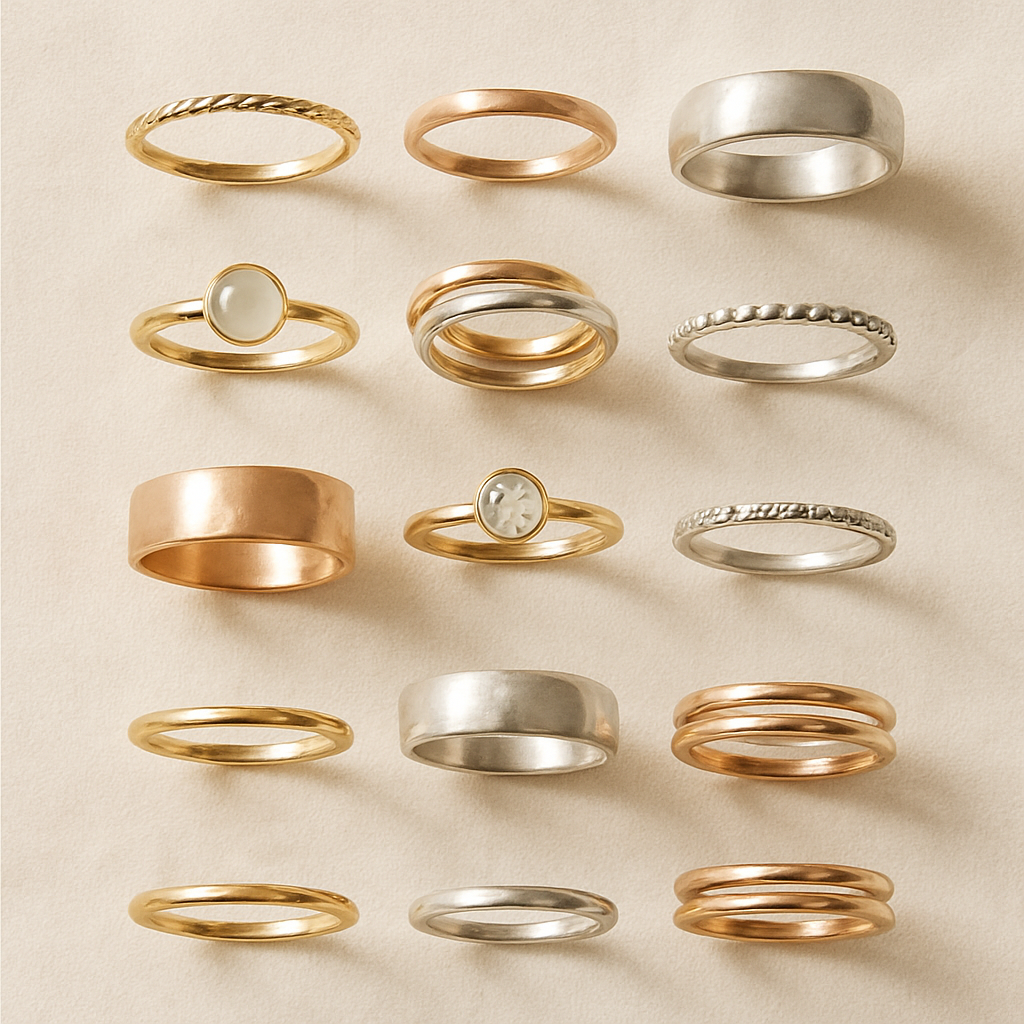 Flat lay collection of handmade rings in mixed metals and styles