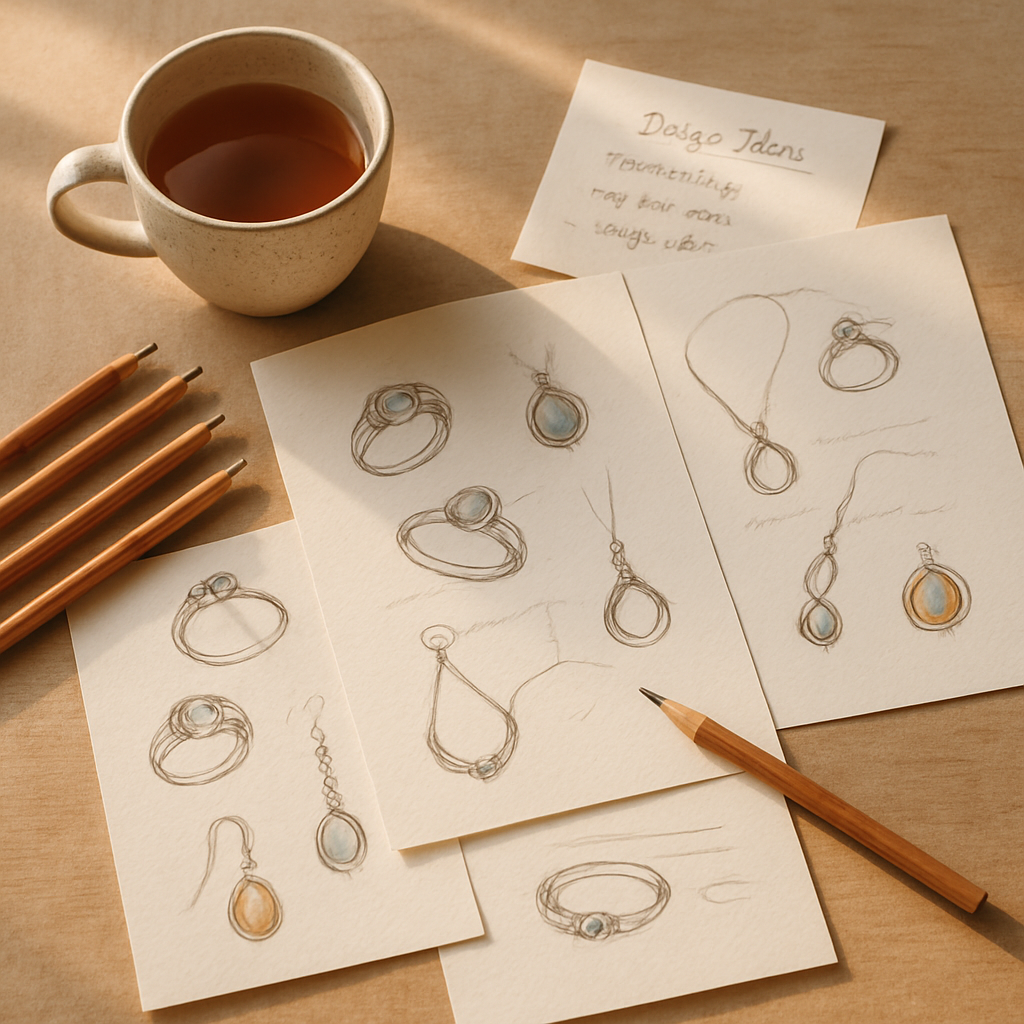 Designer sketching jewelry design with colored pencils on paper at a creative workspace