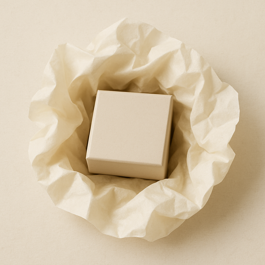 Cream tissue paper with jewelry box nestled inside showing protective layering
