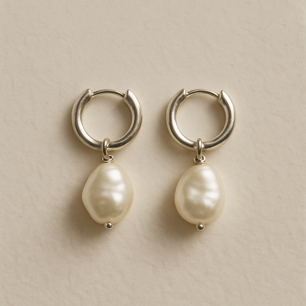 A pair of petite silver hoop earrings with irregular freshwater pearl drops on textured paper