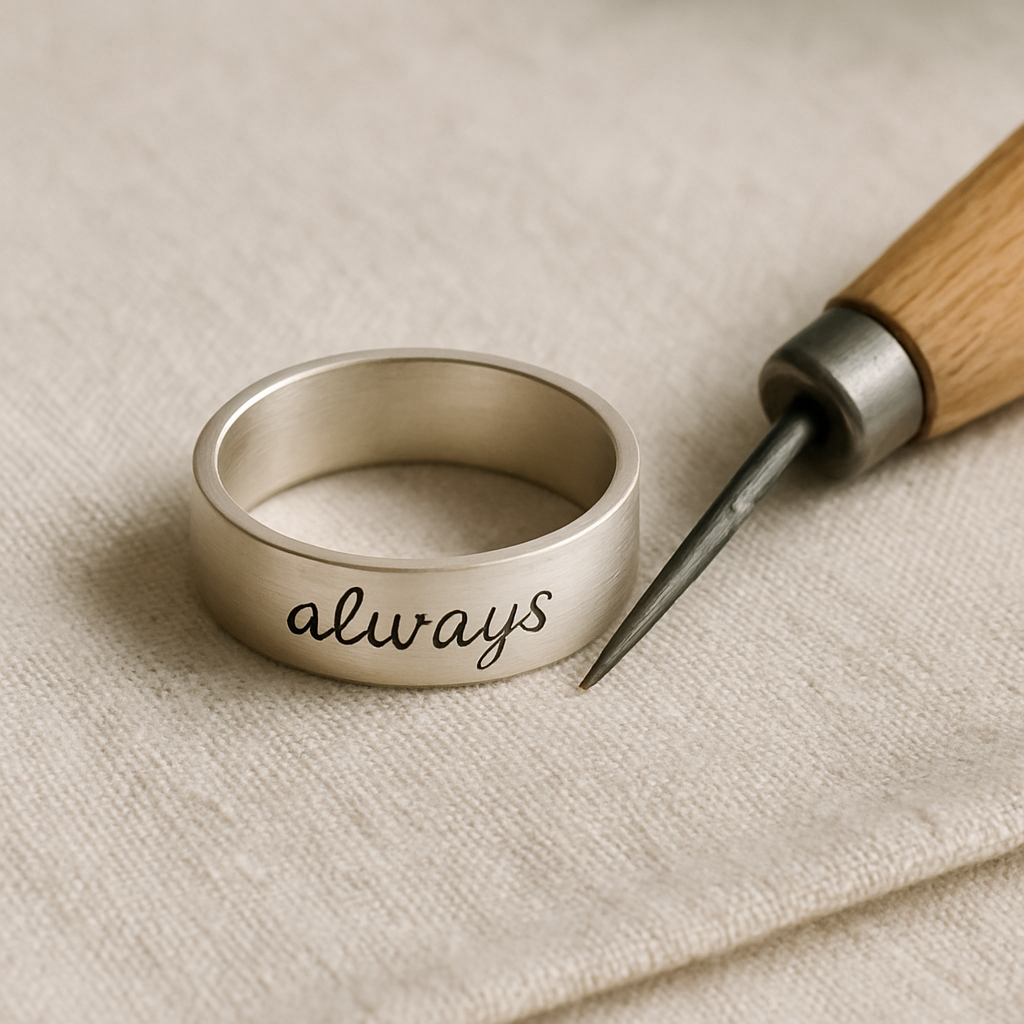 A wide satin-finished silver band engraved with the word always, beside a fine engraving tool