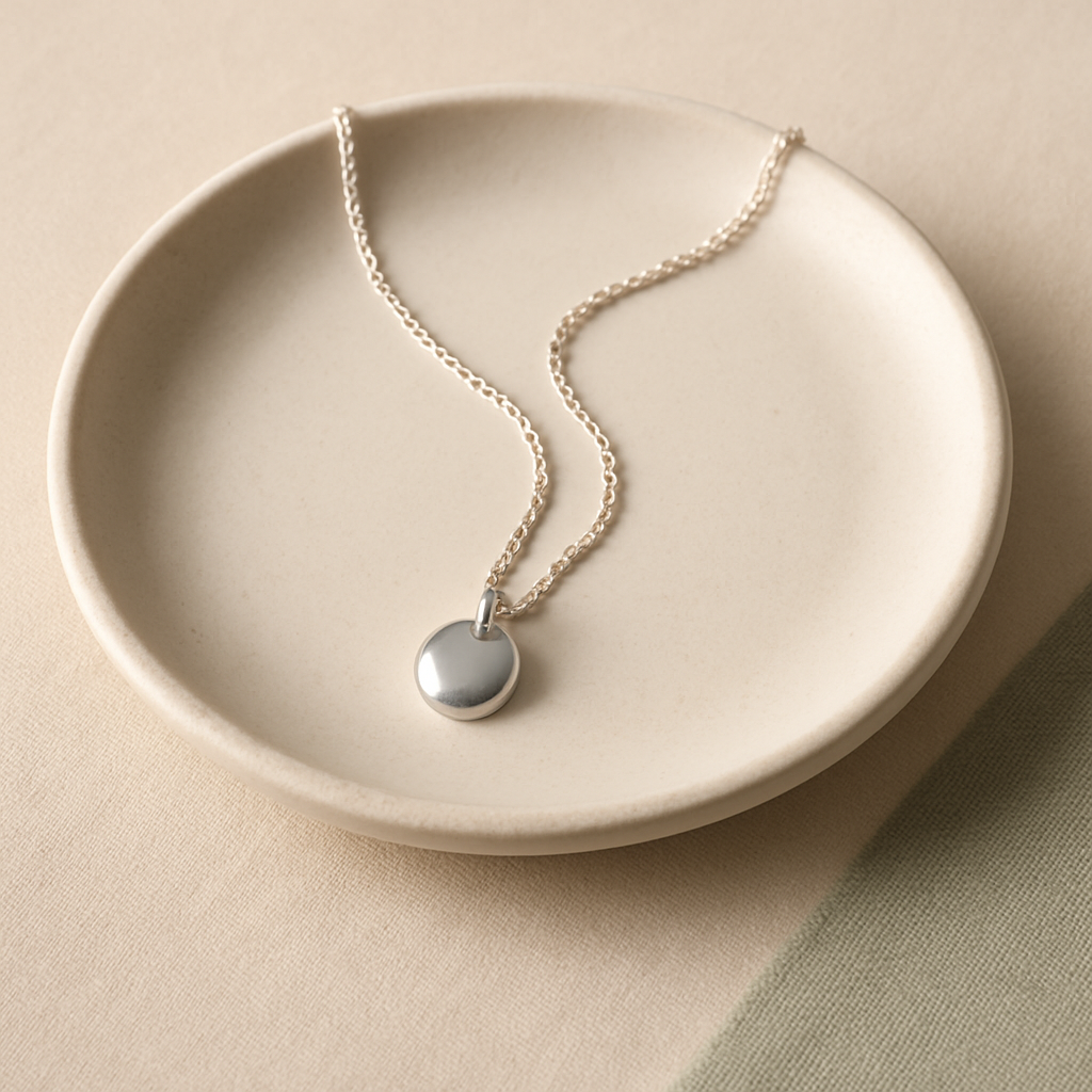 A fine silver chain with an organic round pendant resting on a matte ceramic dish
