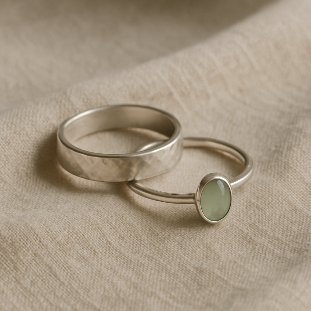 Two handmade silver rings, one softly hammered and one slender with a small oval stone, on linen