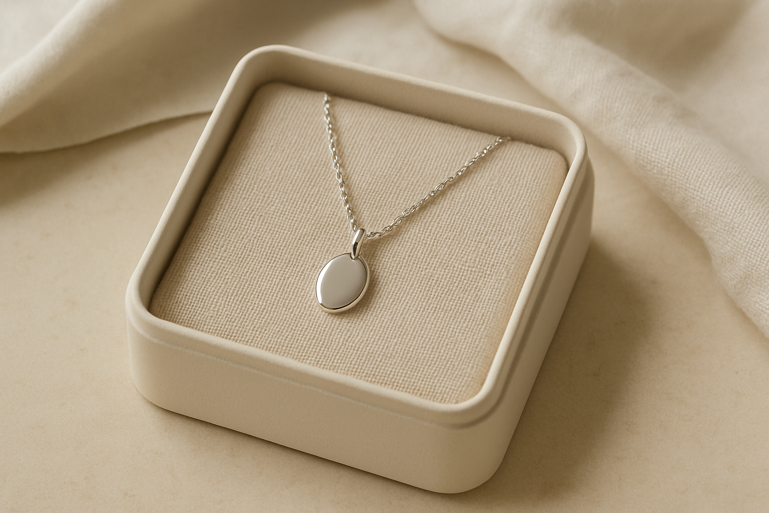 An open ivory jewelry box with a silver necklace nestled in a linen insert.