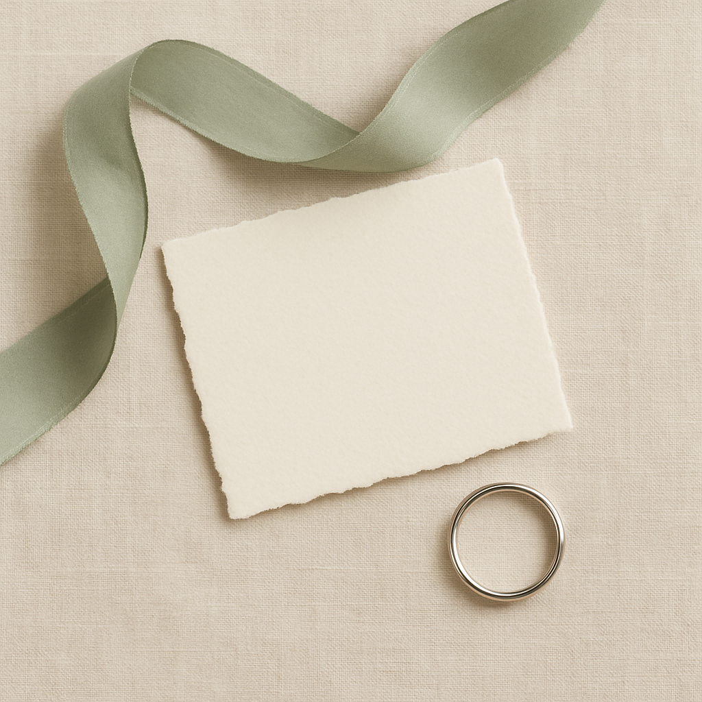 A softly textured cream note card beside a loose sage ribbon and a silver ring.