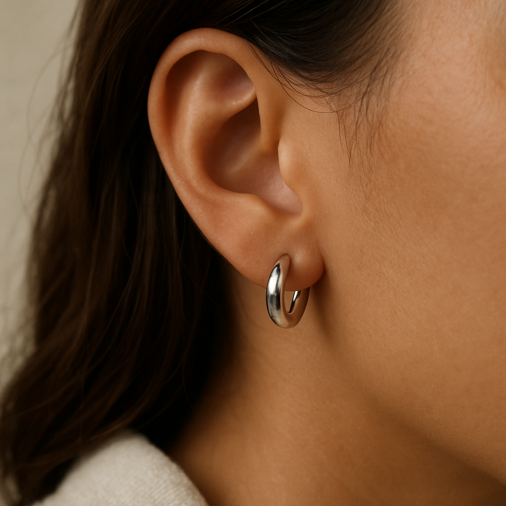 Small silver hoop worn beside softly tucked brown hair