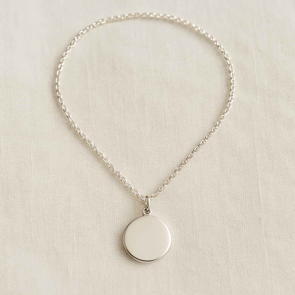 Round silver pendant on a delicate chain