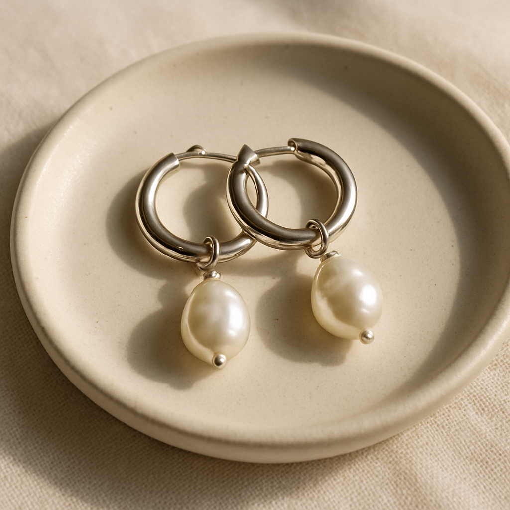 Petite silver hoop earrings with freshwater pearl drops on a ceramic dish