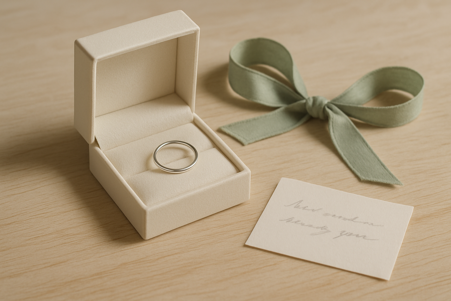 Gift-ready jewelry box with a cotton ribbon and handwritten note on a warm tabletop