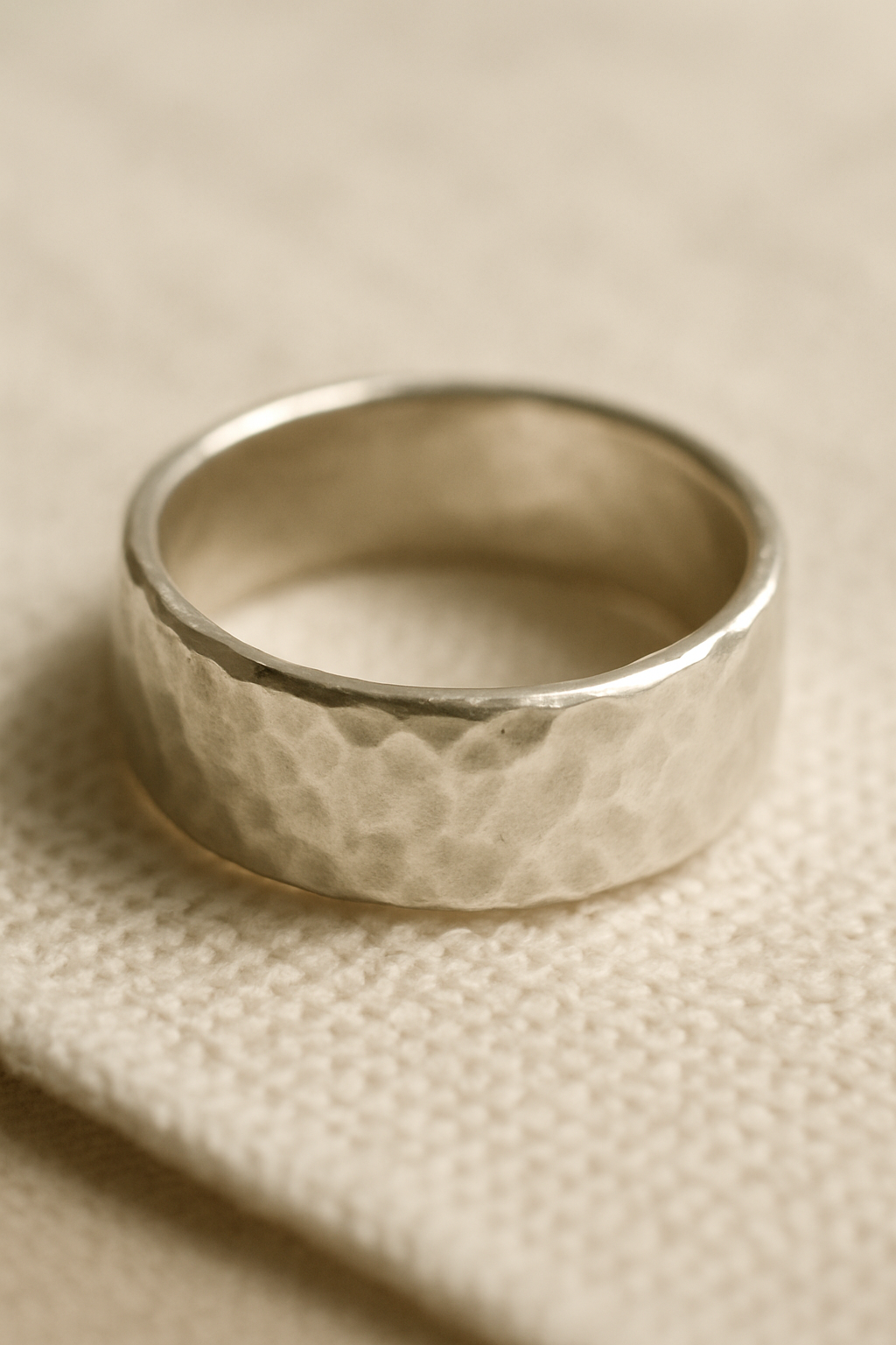 Handcrafted silver ring with a softly hammered band on warm linen