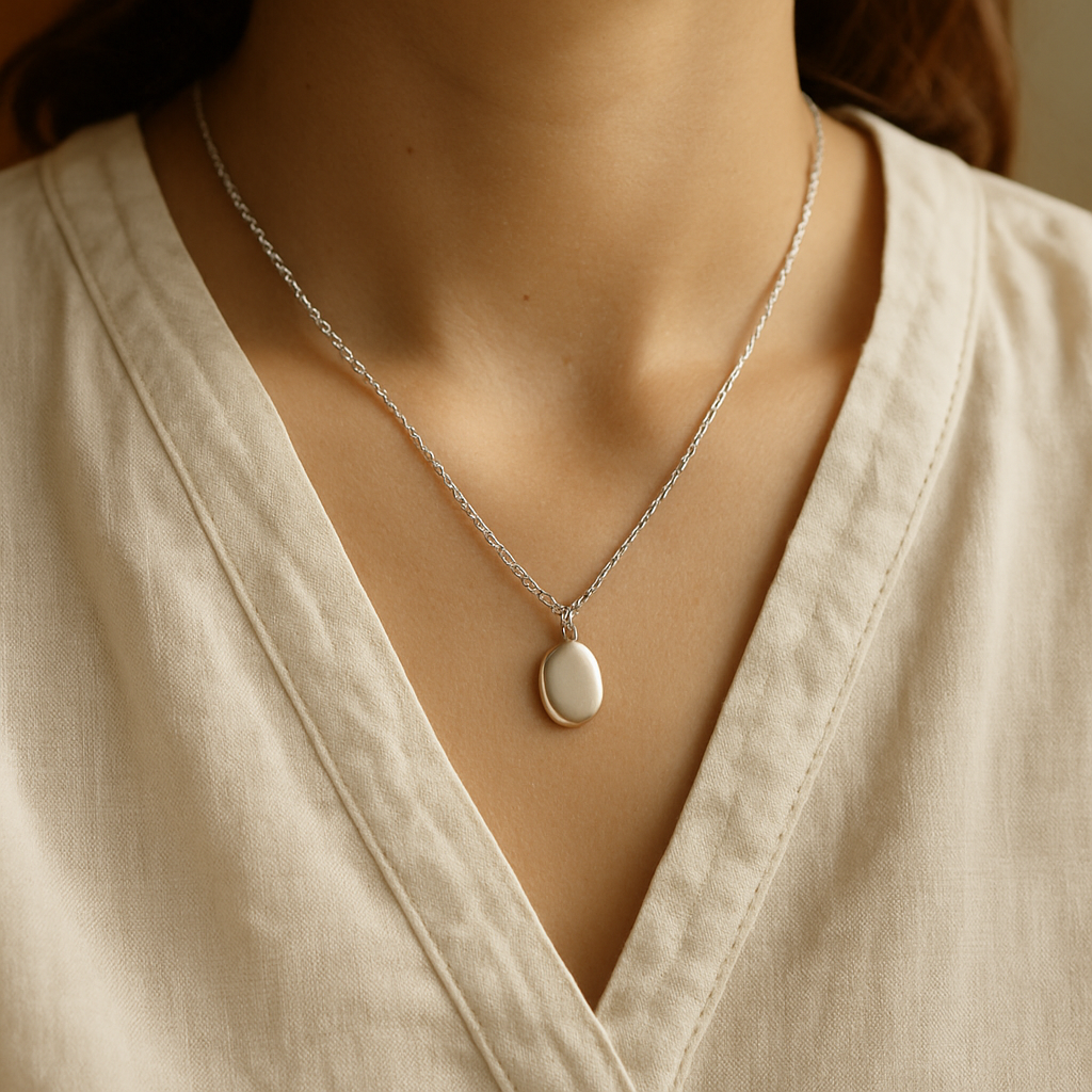 Fine silver chain with an oval pendant styled with an ivory linen blouse