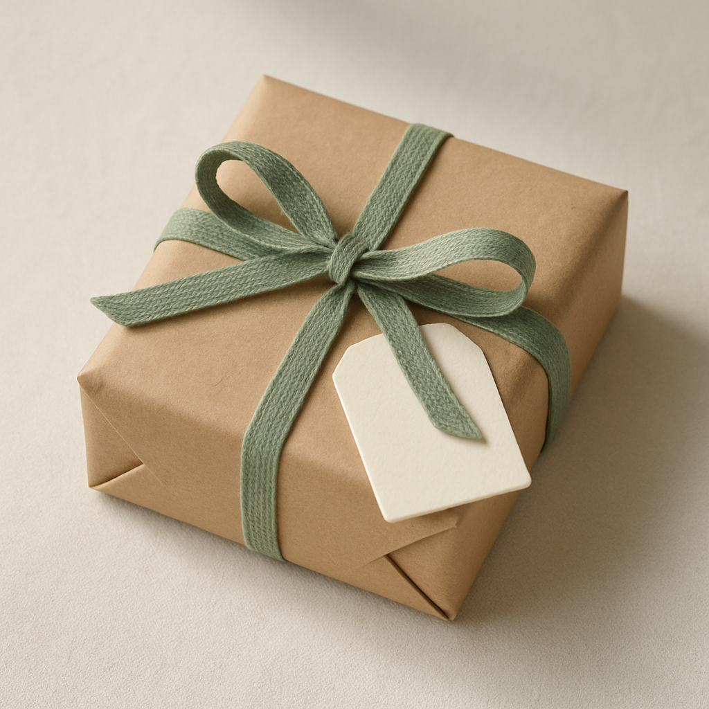 A kraft-paper gift parcel tied with muted sage ribbon.