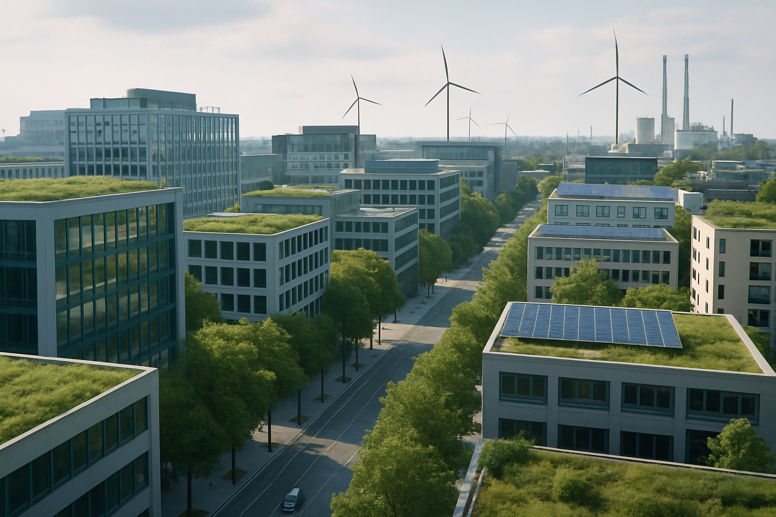 Modern sustainable city with green infrastructure and clean industrial facilities