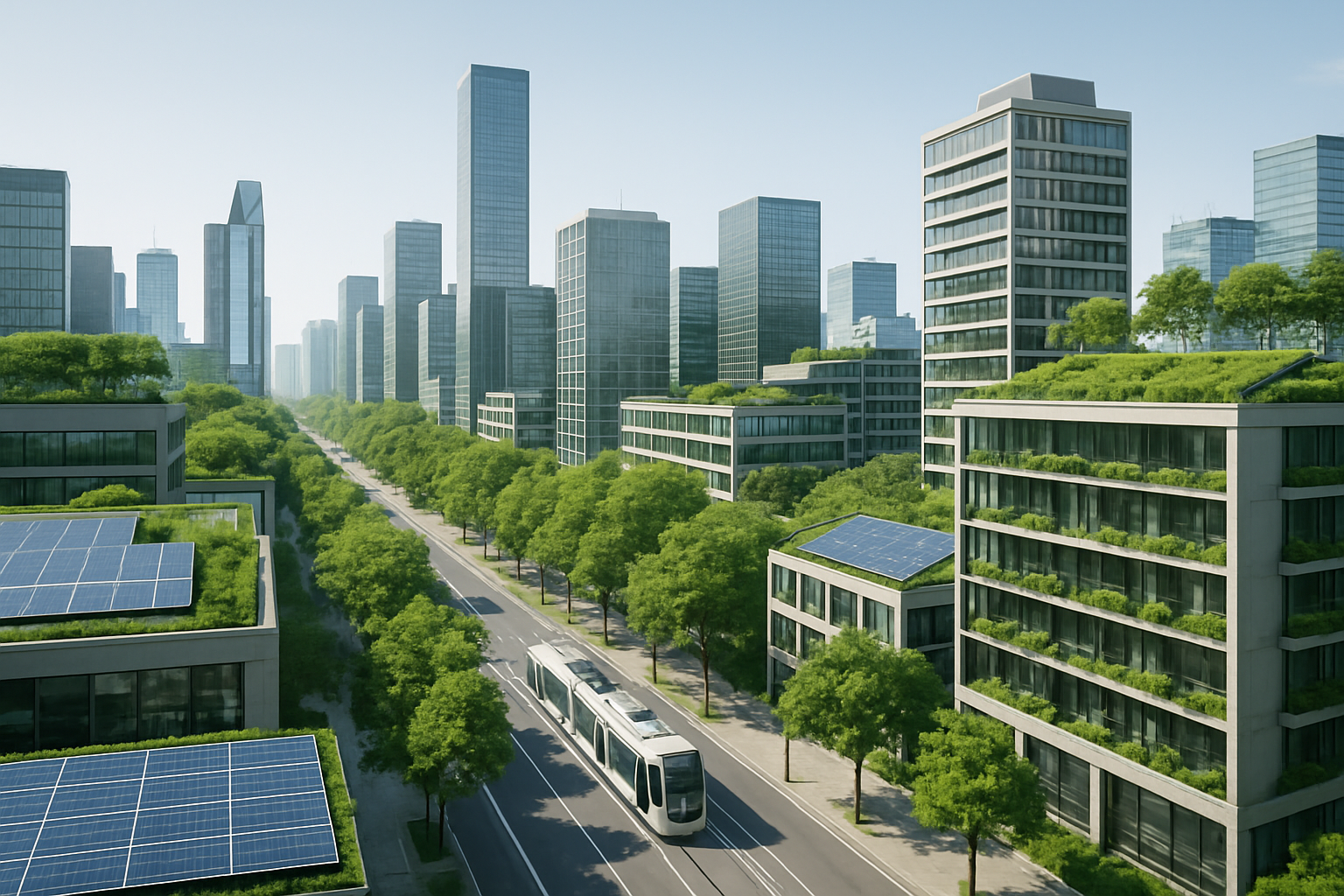 A sustainable modern city with green rooftops, clean transit, and tree‑lined avenues