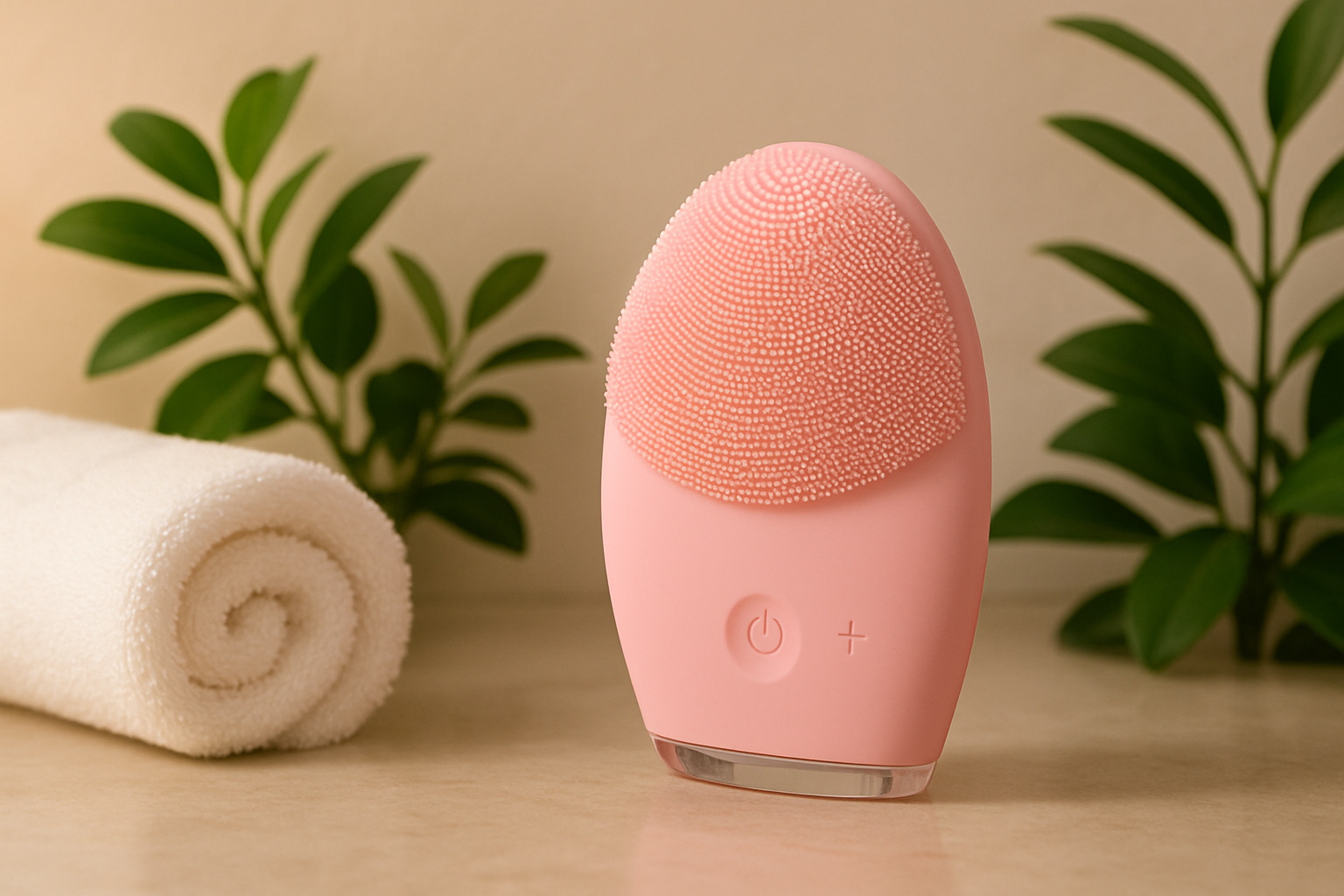 Cepillo sónico facial de silicona sobre superficie de baño elegante y limpio, con luz suave y fondo minimalista cálido