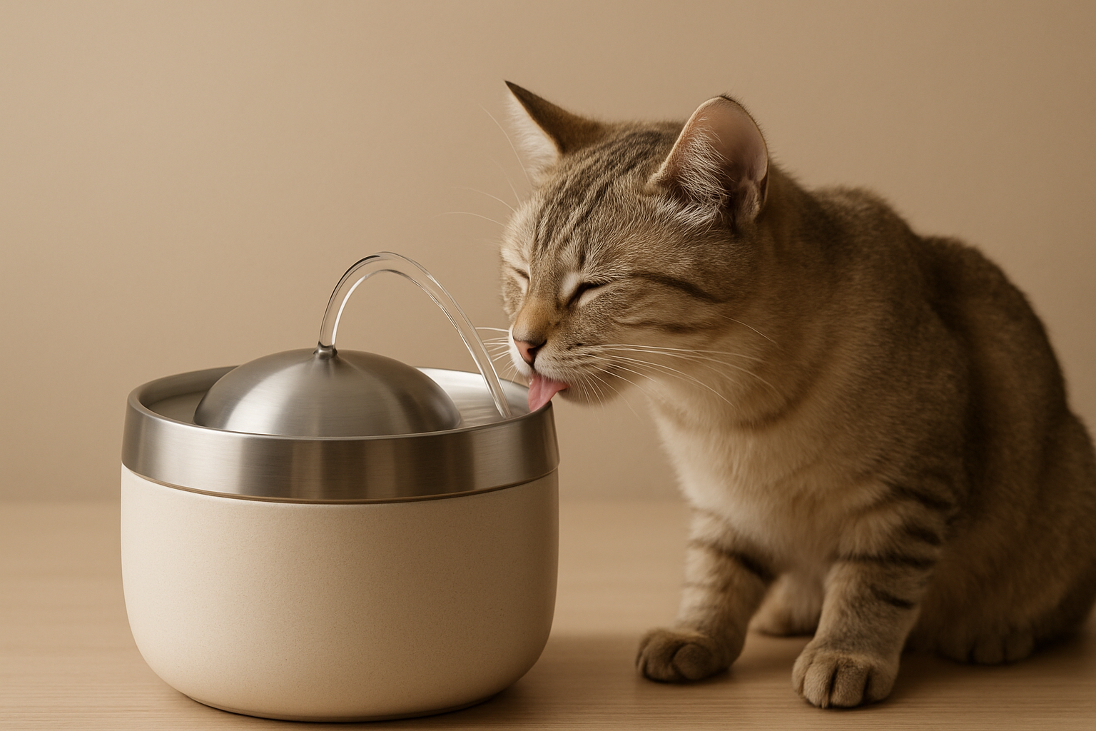 Gato o perro bebiendo de una fuente de agua minimalista de acero inoxidable o cerámica, con chorro suave en ambiente cálido y minimalista