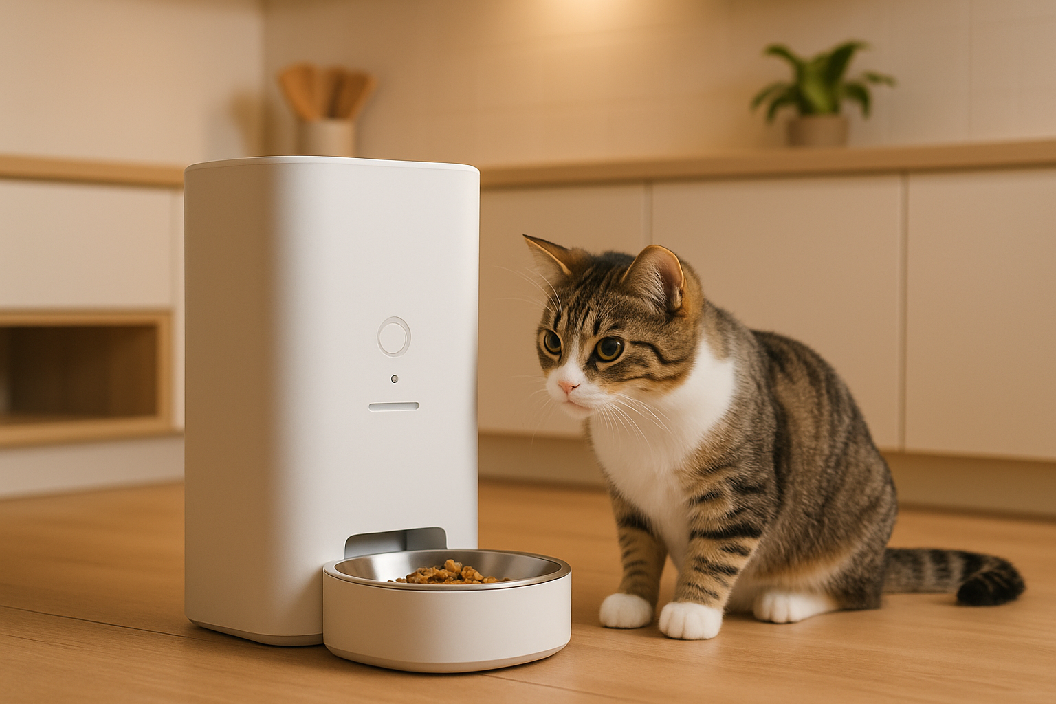 Gato o perro pequeño mirando curioso un comedero automático moderno en una cocina minimalista