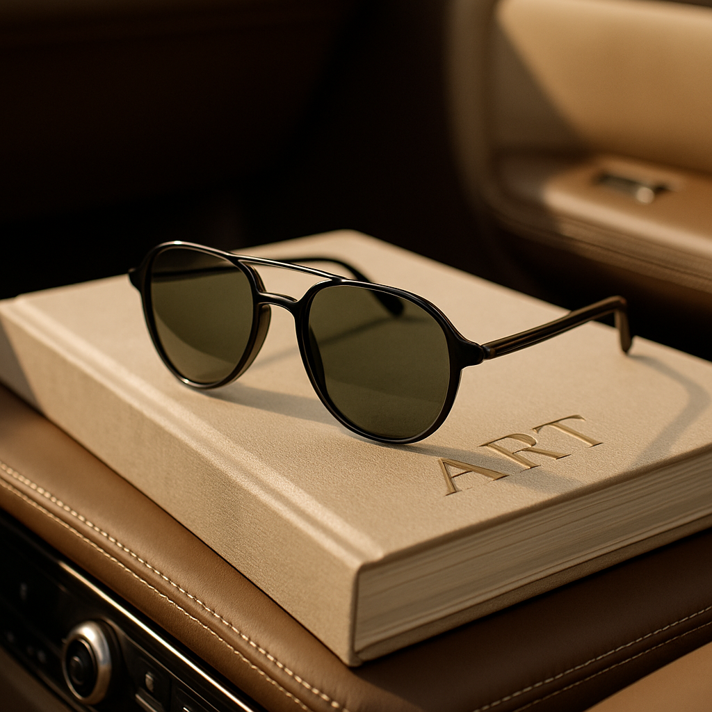 Lentes de sol estilo aviador o wayfarer sobre un libro de arte o tablero de auto, fondo elegante y aspiracional