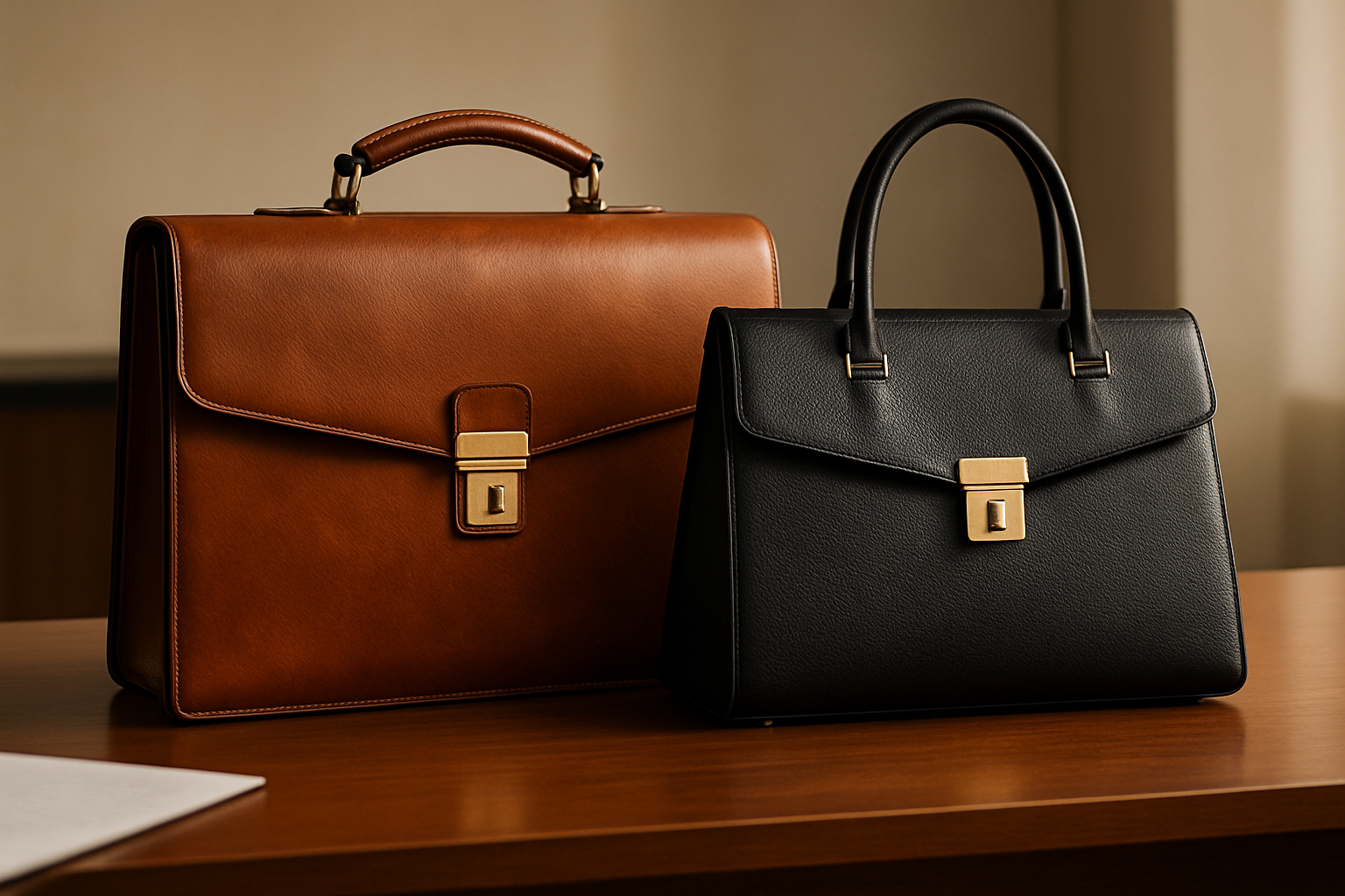 Maletín de piel color café tabaco o bolso estructurado negro sobre escritorio de oficina elegante. Transmite autoridad y buen gusto.
