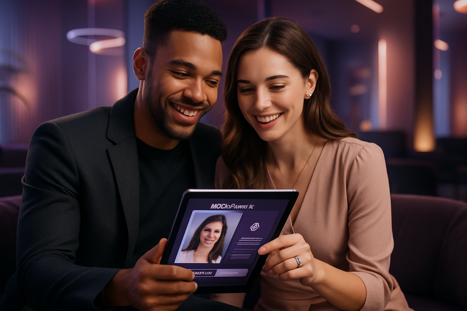Smiling couple reviewing a matchmaking profile on a tablet