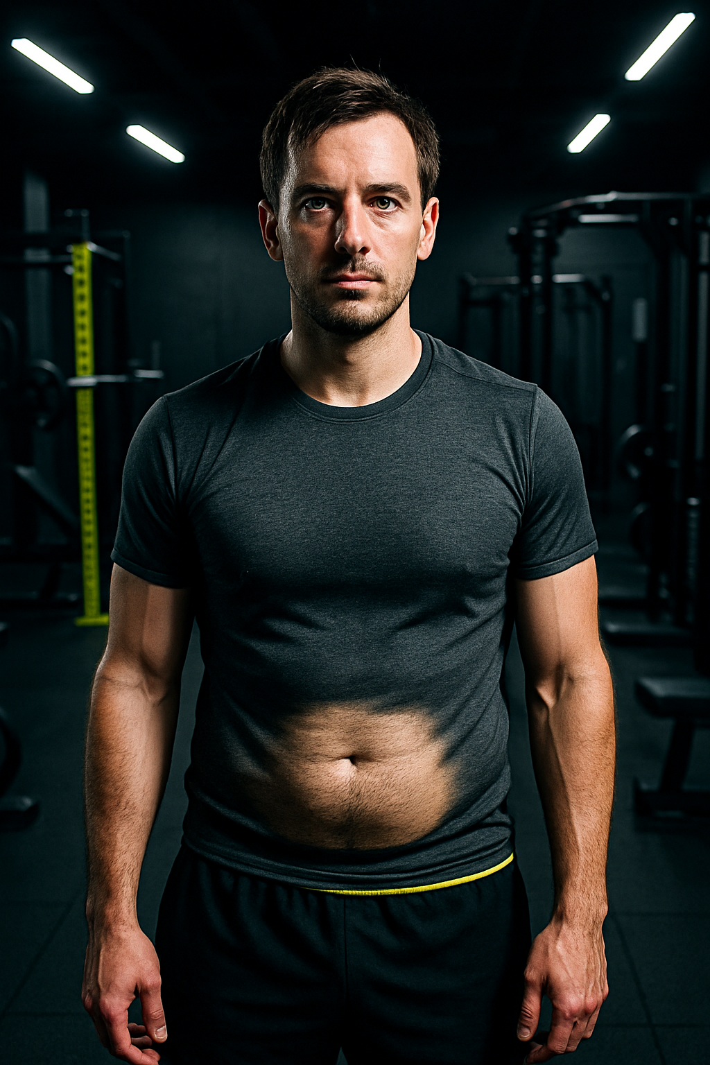 Before photo of a lean male client with softer midsection