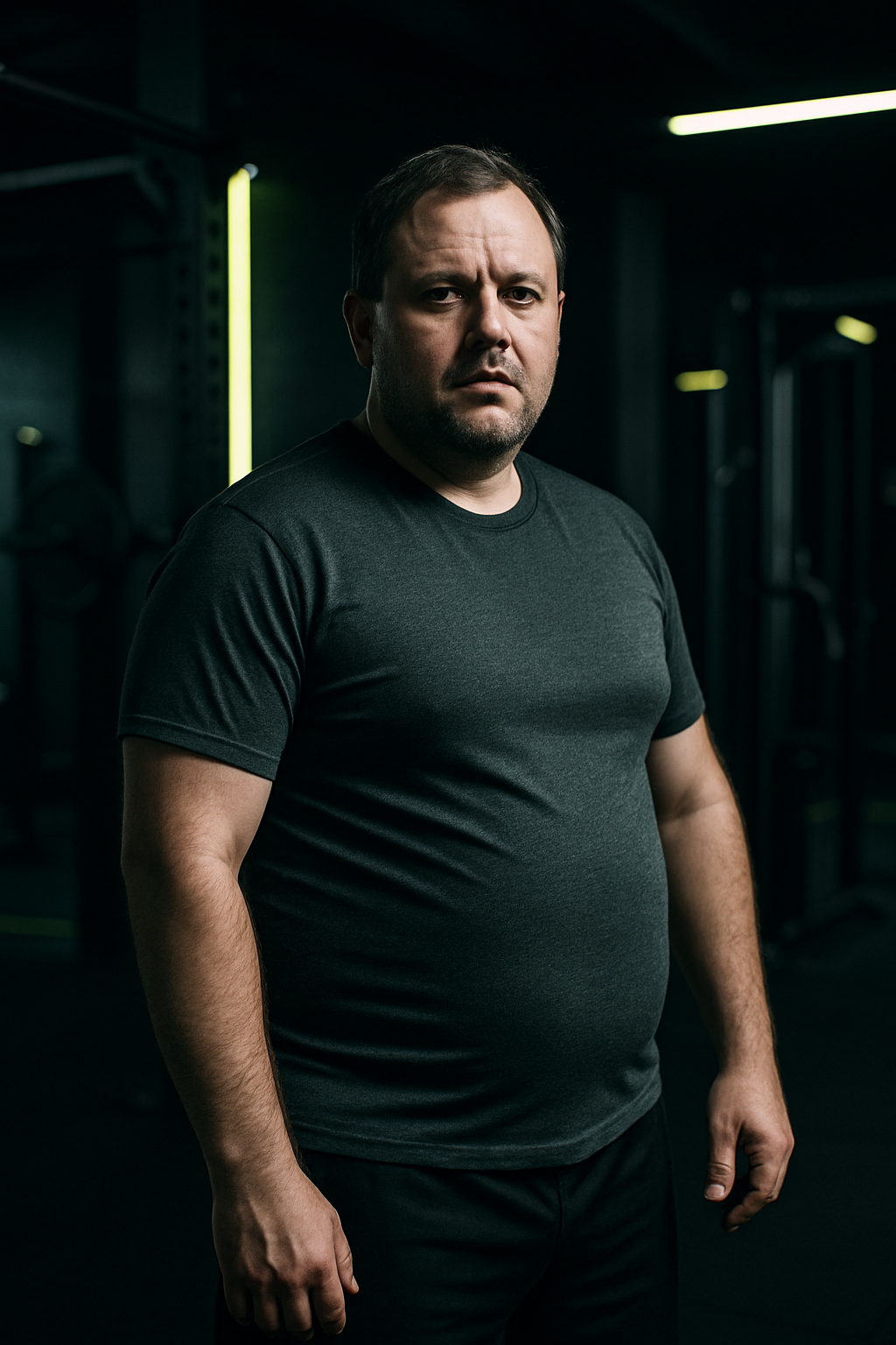 Before photo of a stocky male client with rounded shoulders