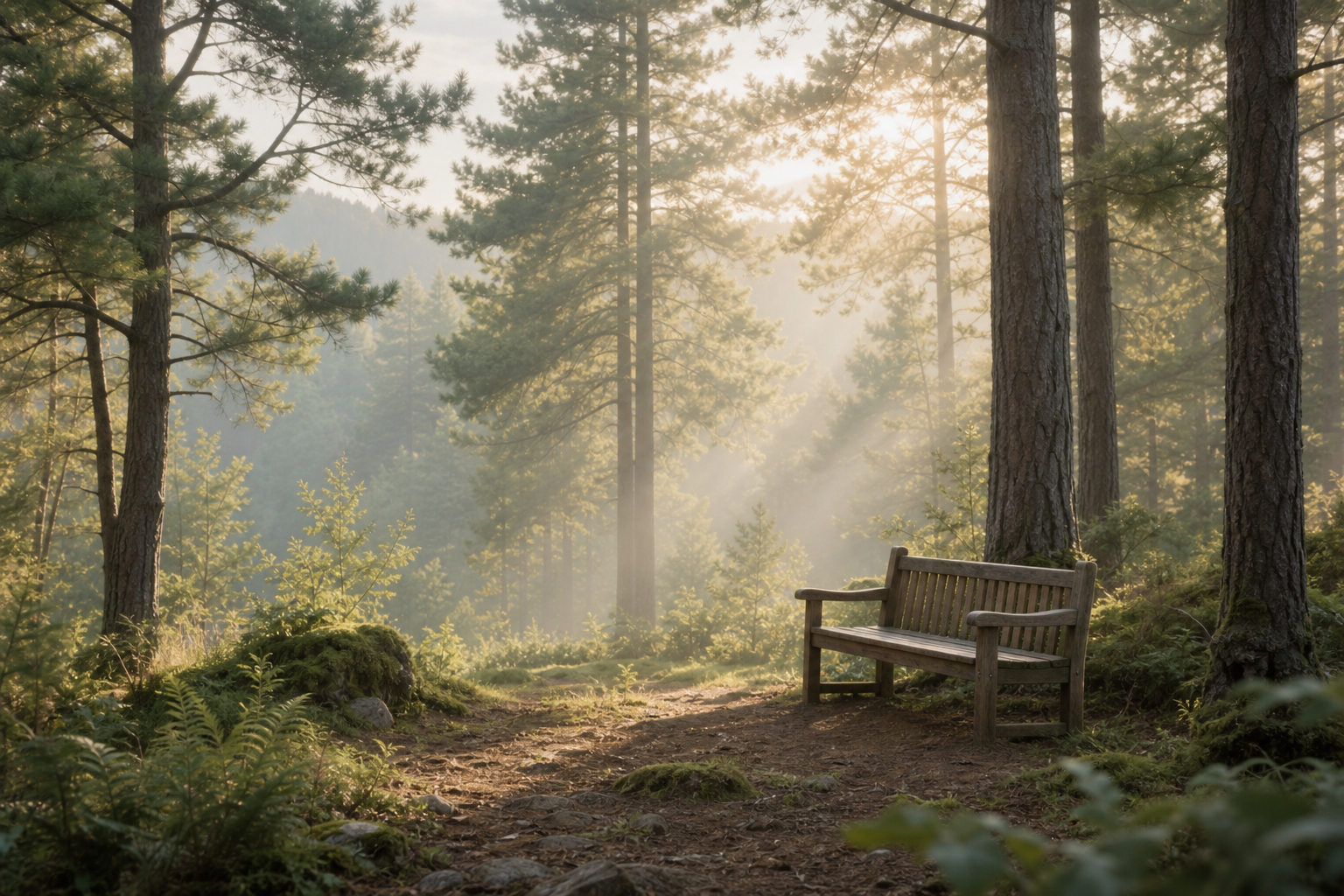 A quiet woodland clearing with a small wooden bench, soft morning light, and gentle mist among tall pines
