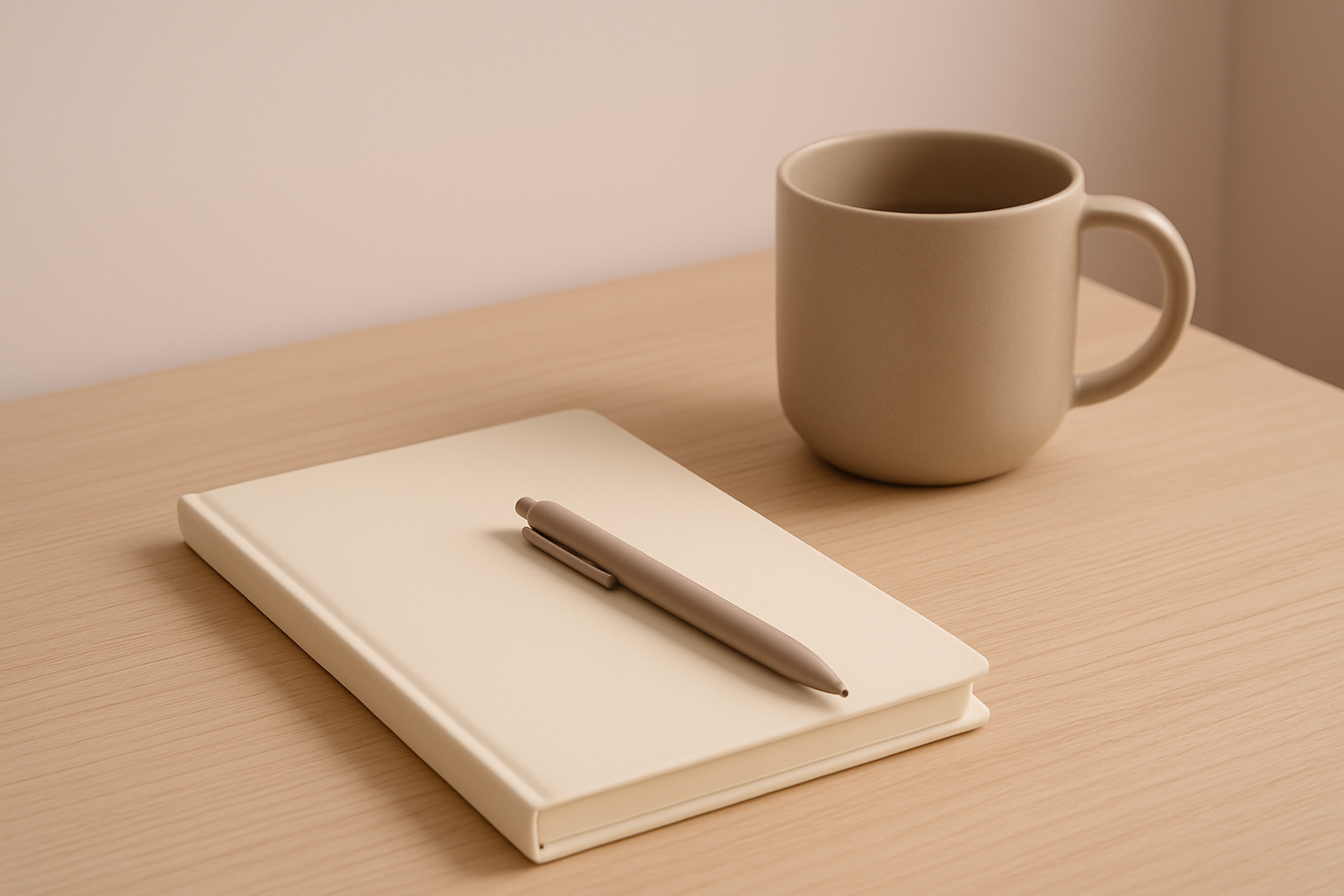 Minimalist office desk with a notebook, pen, and soft ambient light