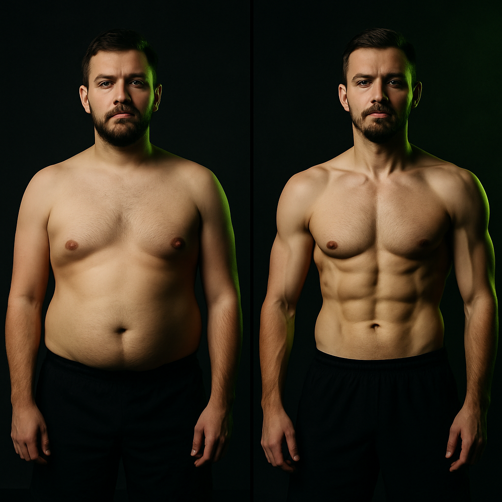 Side-by-side before and after of a male client in a gym, softer midsection at week 1 and a leaner defined torso at week 12