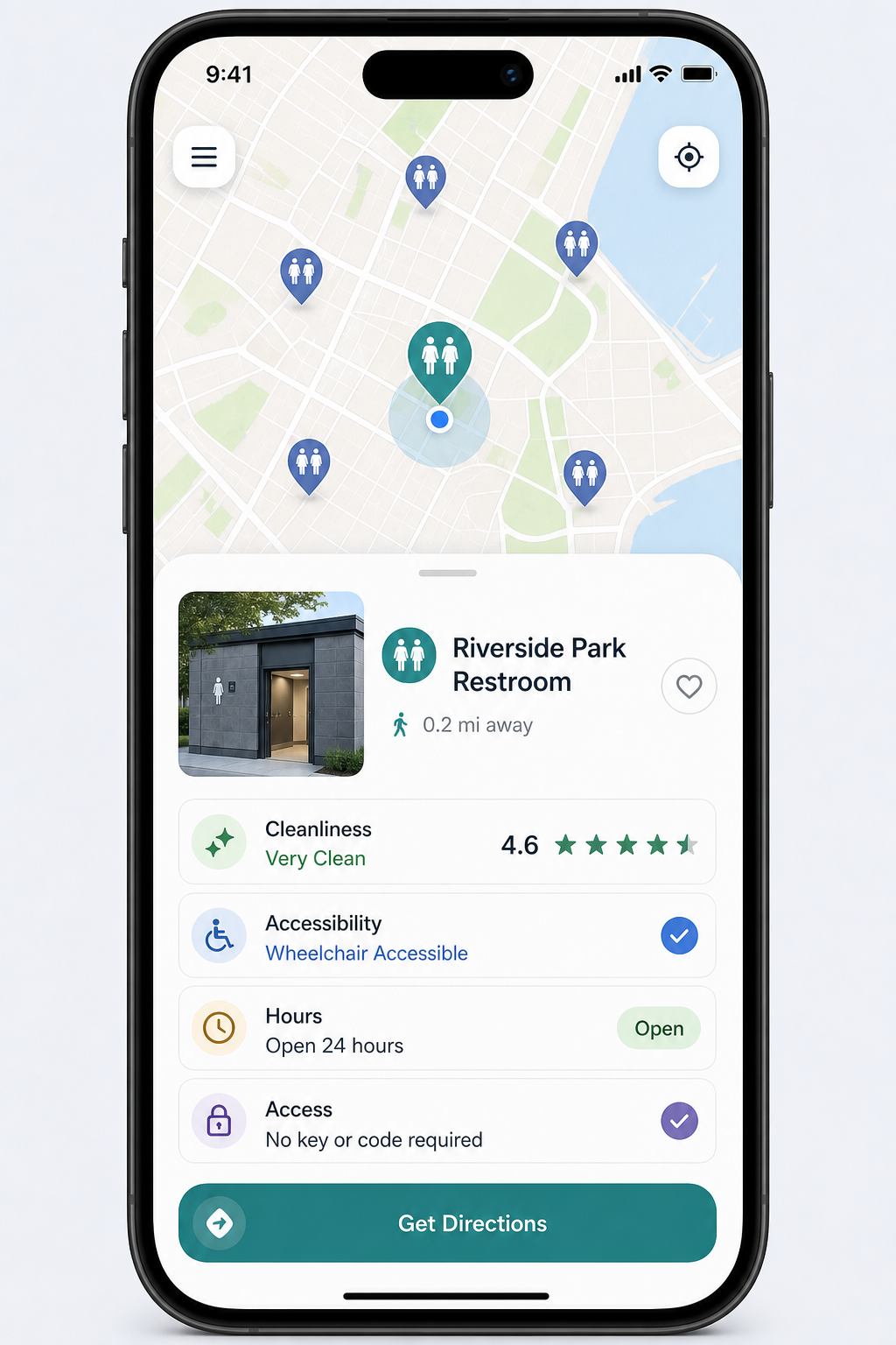 Tolio app screenshot showing a restroom map with nearby pins and a place detail card highlighting cleanliness, accessibility, and open hours