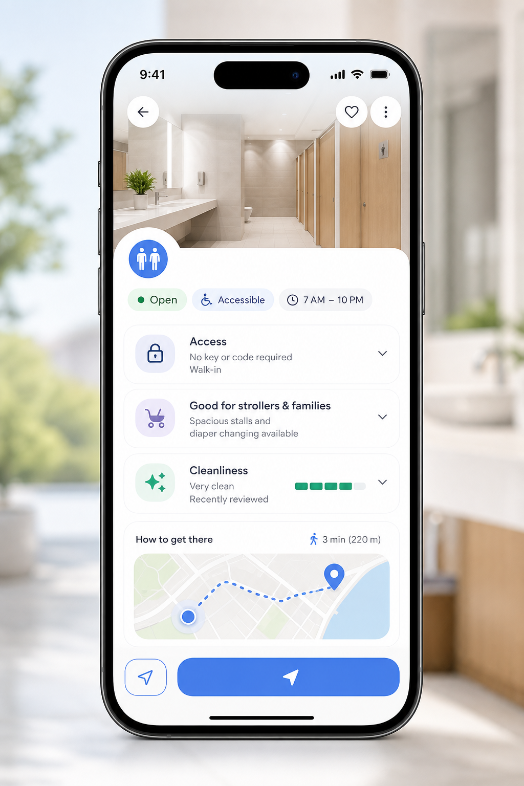 Bathroom detail screen highlighting access rules, family suitability notes, and route preview