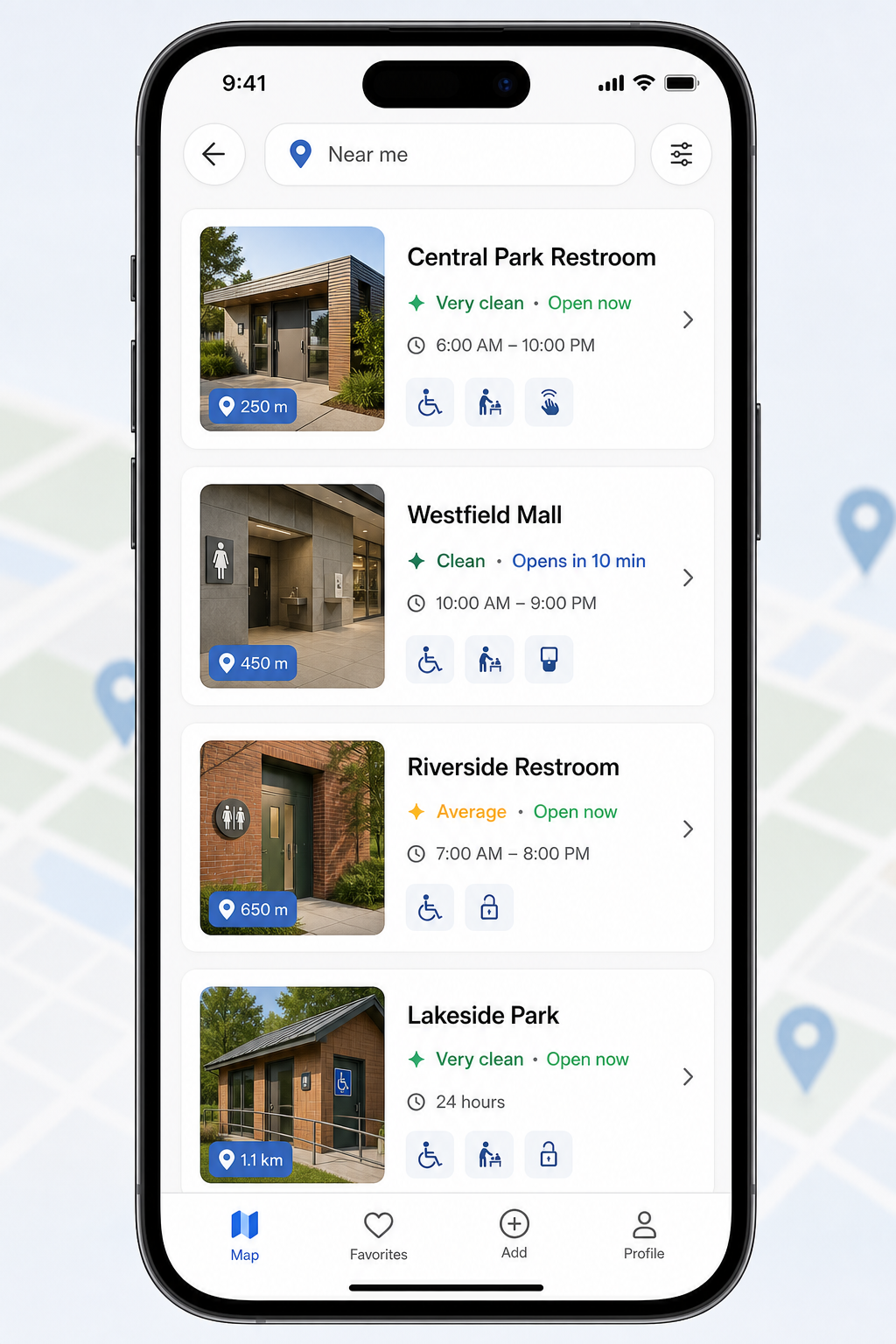 Tolio list screen with restroom cards showing cleanliness score, open hours, and accessibility icons