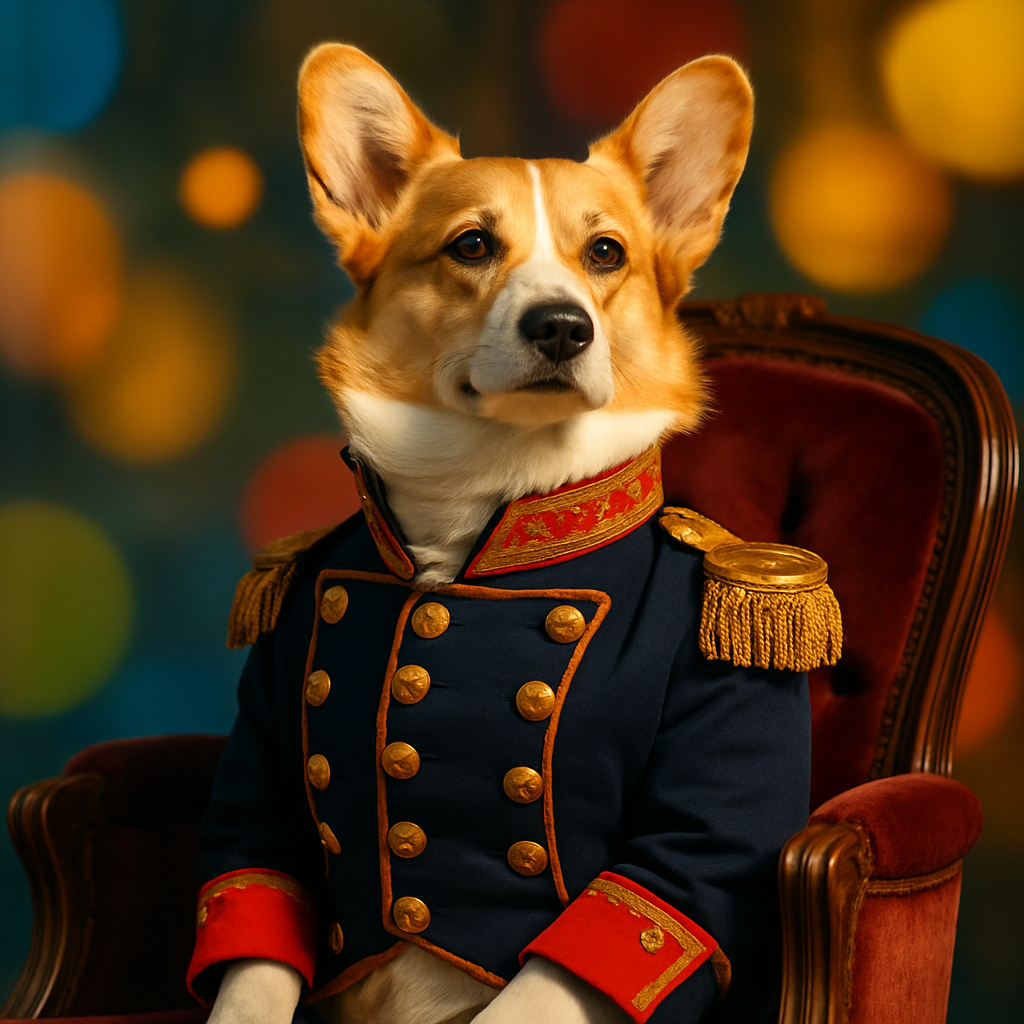Regal tan-and-white corgi in military jacket, looking proud on a velvet chair