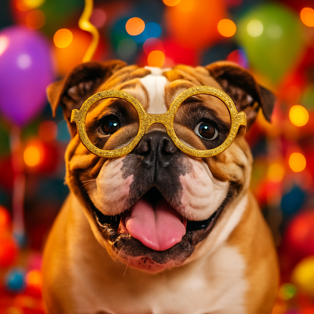 Справжній англійський бульдог у золотих окулярах на вечірці