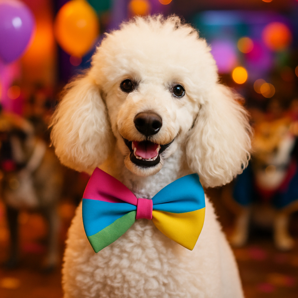 Справжній білий пудель у яскравому бантику на вечірці