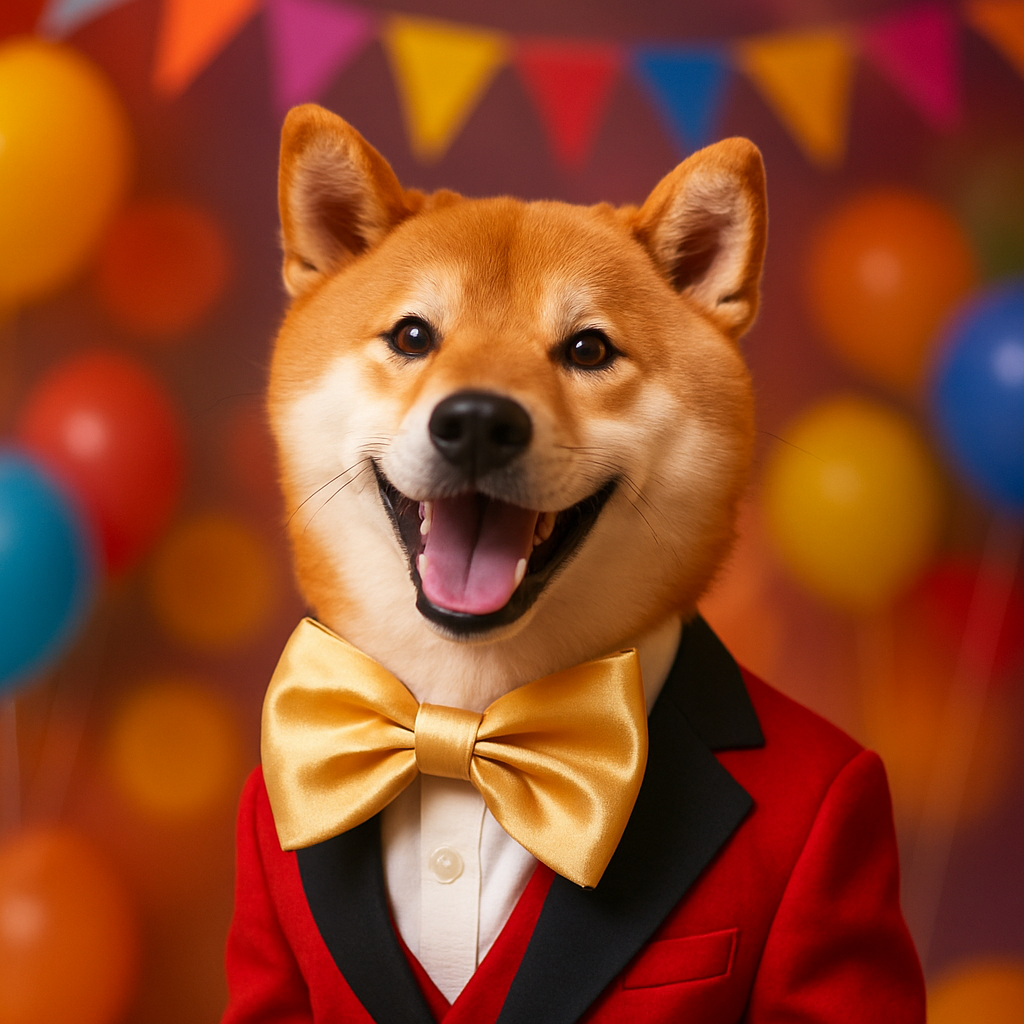 Справжня рижа шиба-іну у святковому костюмі з бантом