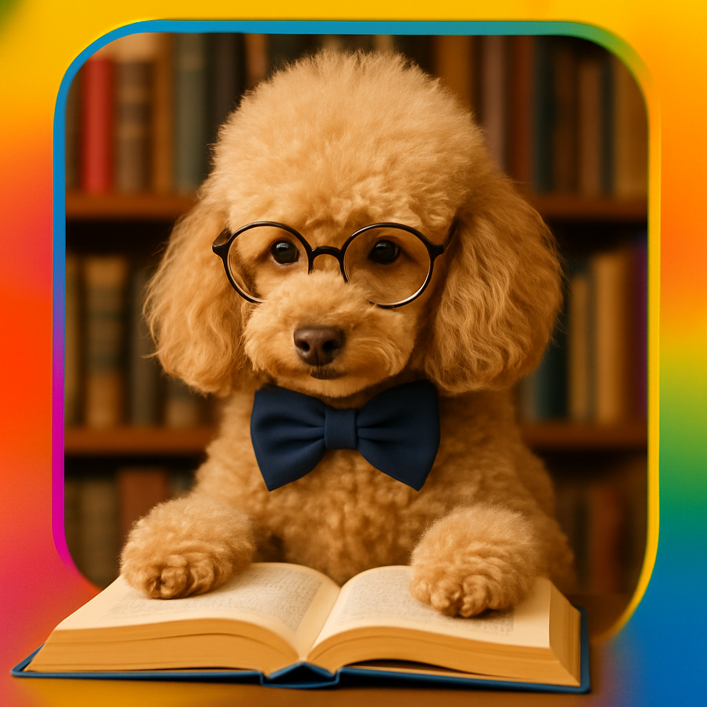 Fluffy apricot poodle with glasses and a bowtie, reading a book, bookshelf behind