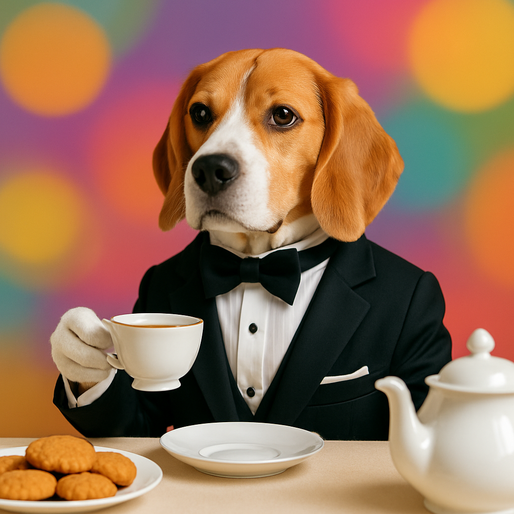 Реальний бігль у смокінгу з чашкою чаю, сидить за столом з печивом
