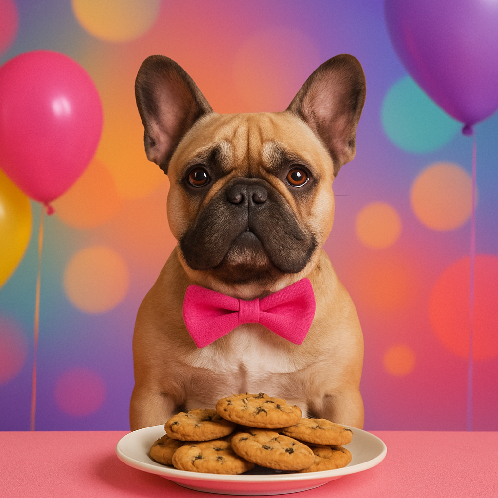 Реальний французький бульдог у рожевій краватці з печивом на блюді