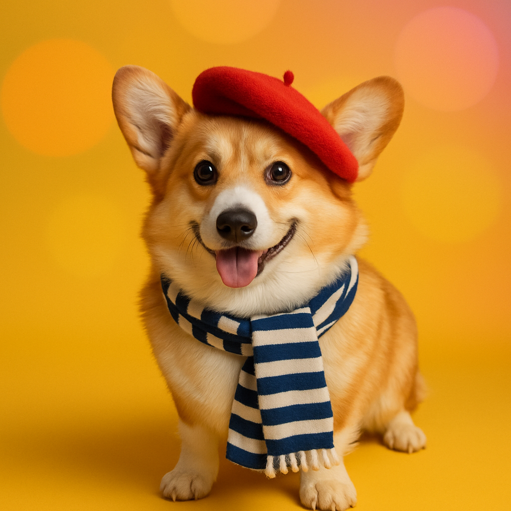 Реальний коргі у червоному береті та смугастому шарфі, позує на жовтому фоні