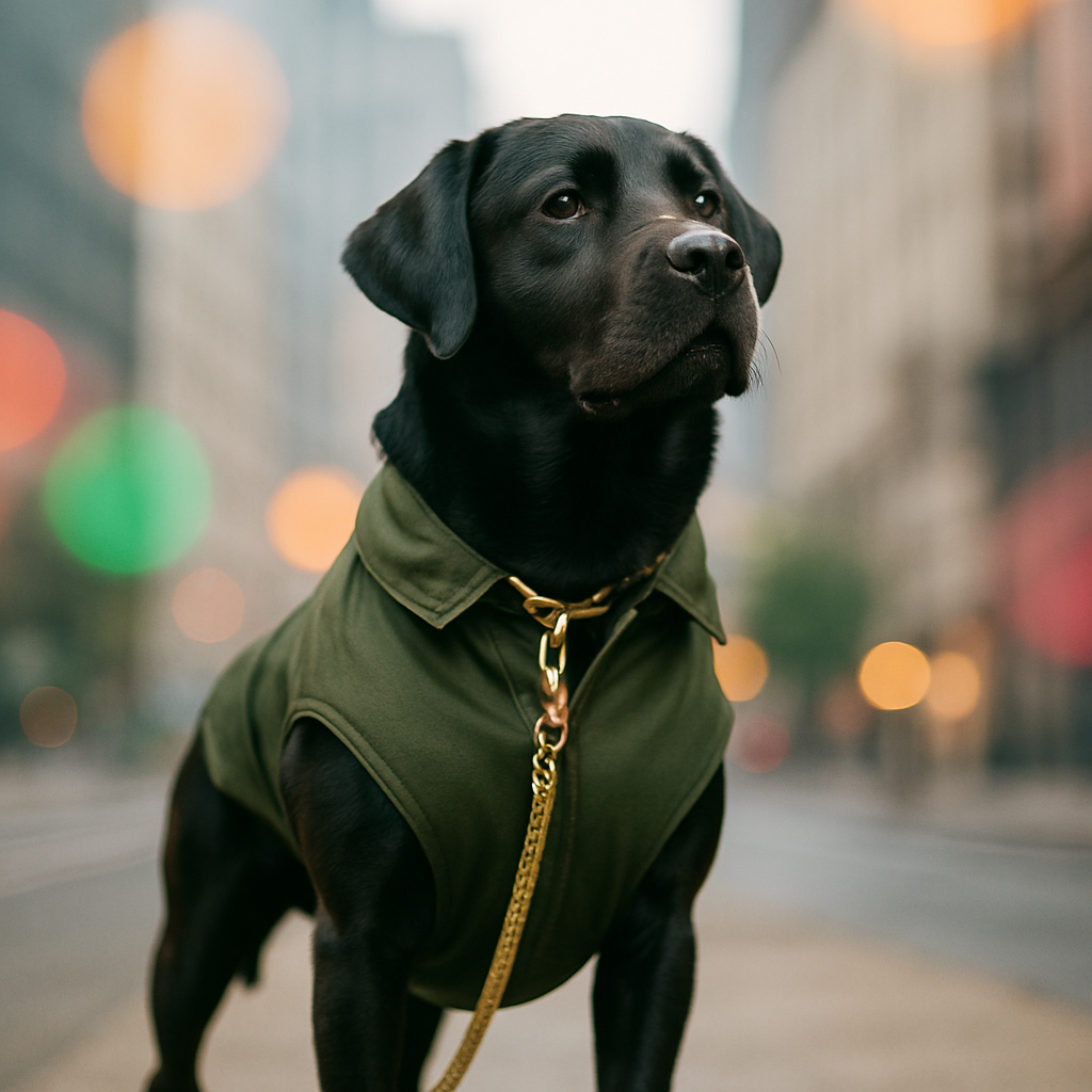 Реальний чорний лабрадор у зеленому піджаку на золотому повідку на фоні міста