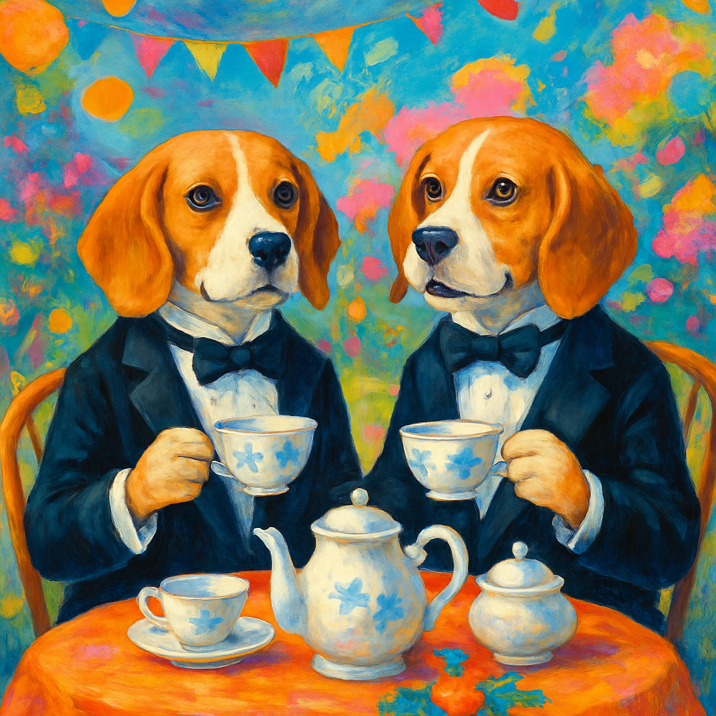 Два біглі у смокінгах із чашками на собачій чайній вечірці